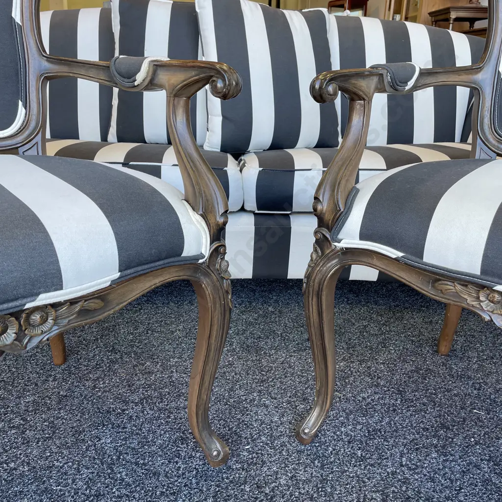 Pair French Louis Style Arm Chairs. Black and white striped modernist fabric Image 1++