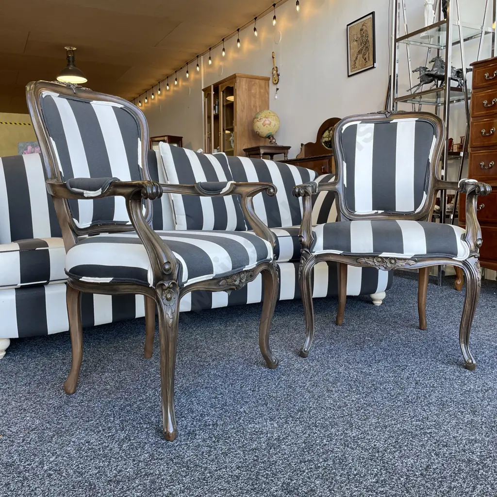 Pair French Louis Style Arm Chairs. Black and white striped modernist fabric Image 1++