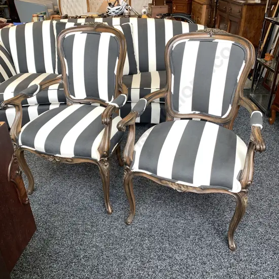 Pair French Louis Style Arm Chairs. Black and white striped modernist fabric