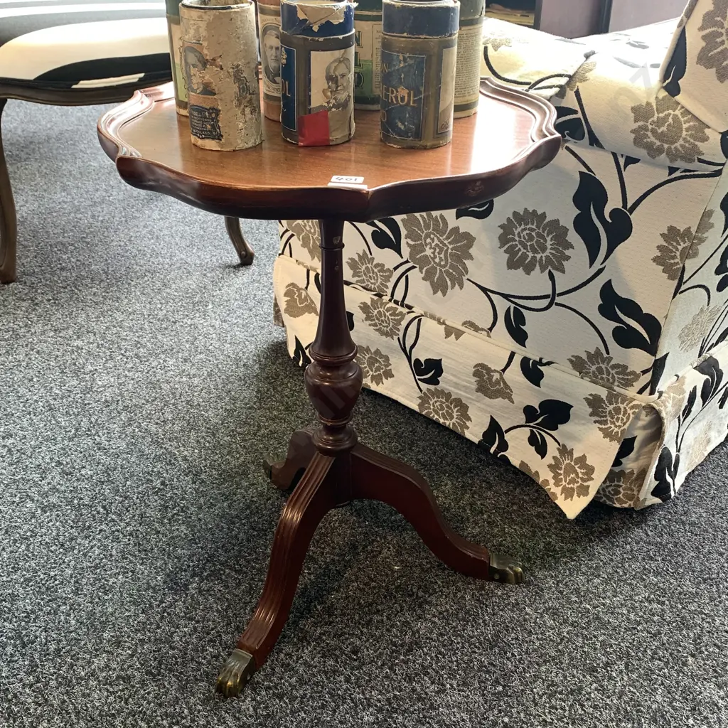 Vintage Solid Mahogany tri-footed wine table. Brass claw feet H54 Dia41cm Image 1++