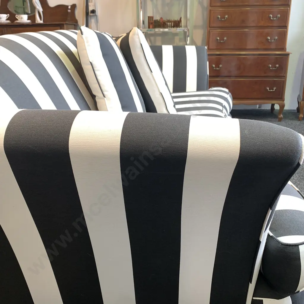 Modernist 3 Seater Couch. Serpentine front. Splayed arms. Modernist black and white striped fabric. L237 H80 D110cm Image 1++