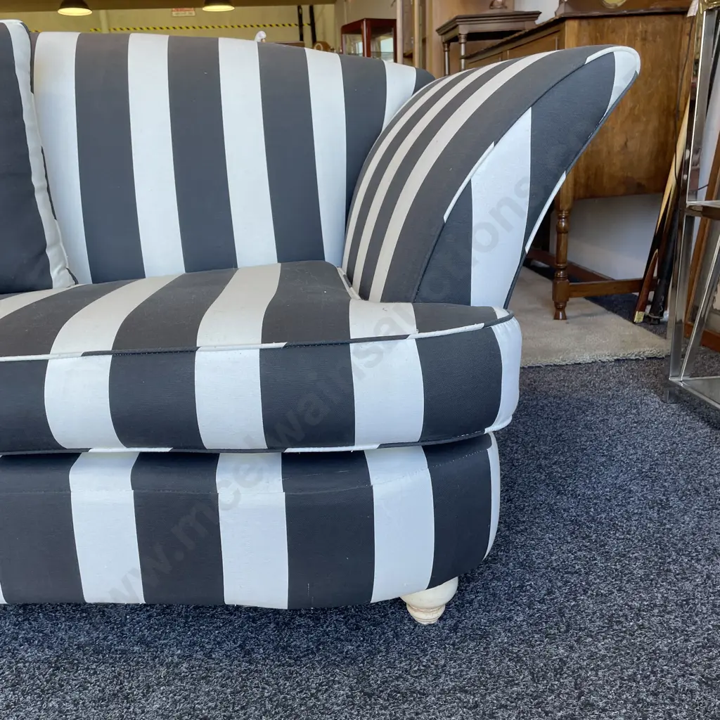 Modernist 3 Seater Couch. Serpentine front. Splayed arms. Modernist black and white striped fabric. L237 H80 D110cm Image 1++
