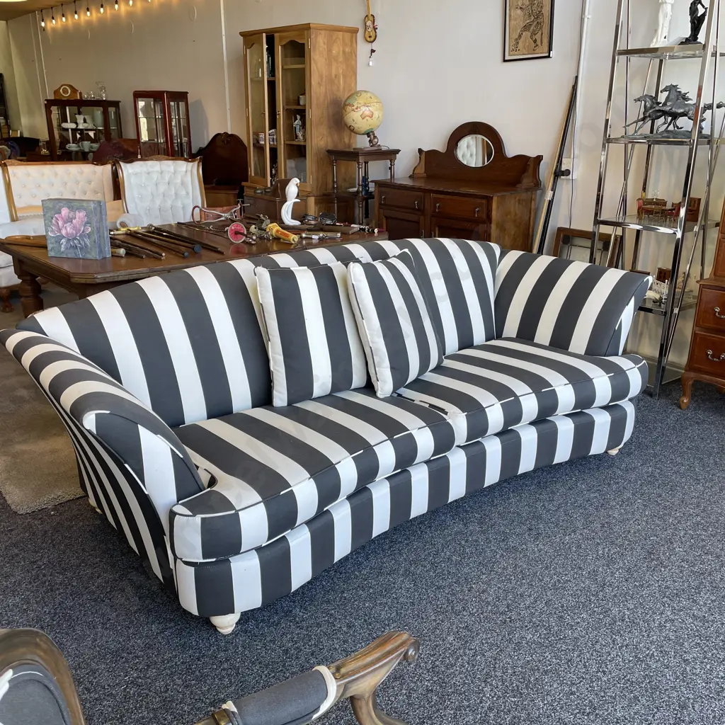 Modernist 3 Seater Couch. Serpentine front. Splayed arms. Modernist black and white striped fabric. L237 H80 D110cm Image 1++