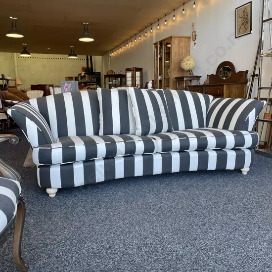 Modernist 3 Seater Couch. Serpentine front. Splayed arms. Modernist black and white striped fabric. L237 H80 D110cm