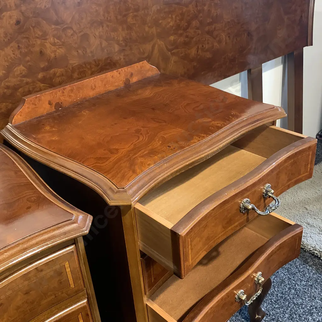 Antique Reproduction Burr Walnut Headboard with Matching 4 drawer bedside cabinets. Image 1++