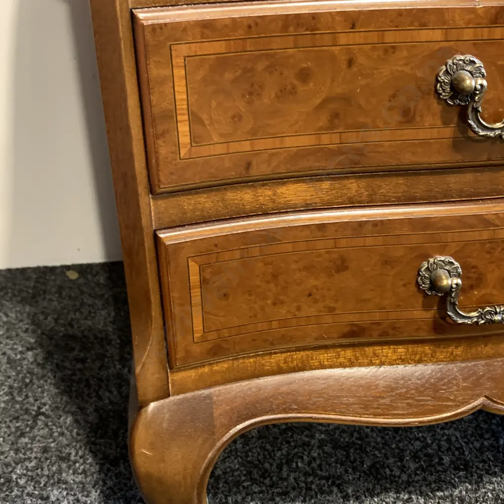 Antique Reproduction Burr Walnut Headboard with Matching 4 drawer bedside cabinets. Image 1++