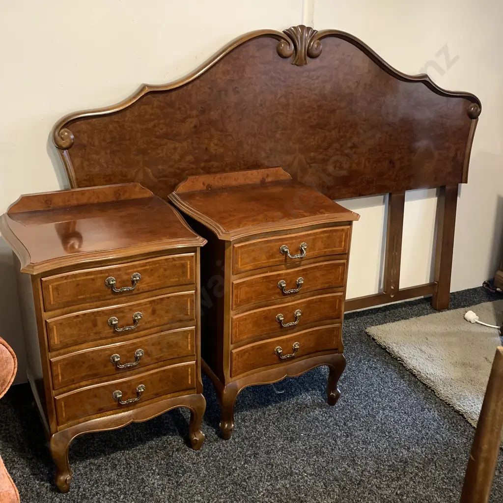 Antique Reproduction Burr Walnut Headboard with Matching 4 drawer bedside cabinets. Image 1++