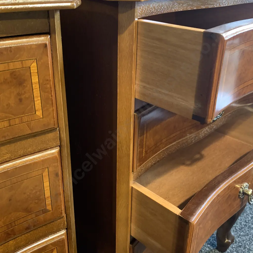 Antique Reproduction Burr Walnut Headboard with Matching 4 drawer bedside cabinets. Image 1++