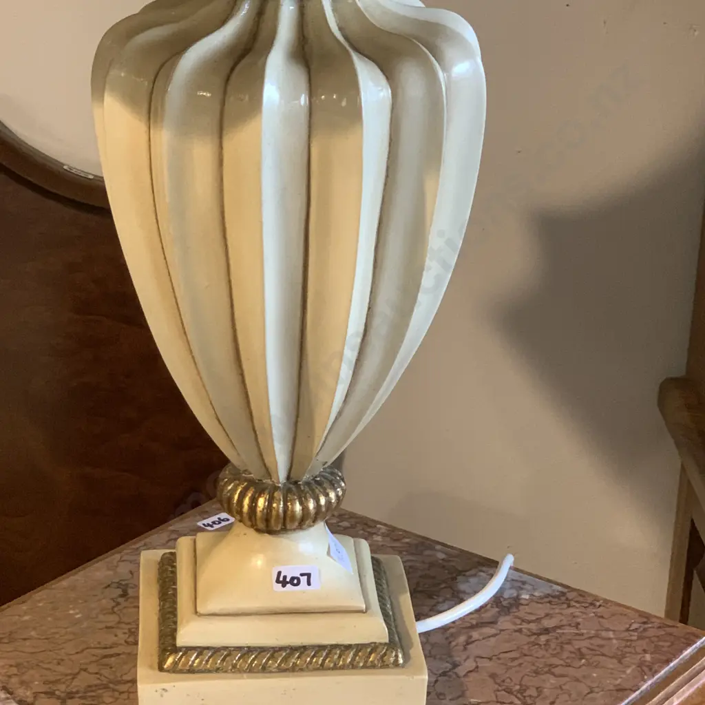 Stunning Urn Style Table Lamp. Cream painted with gilded decoration with fabric shade. H72cm Working Image 1++