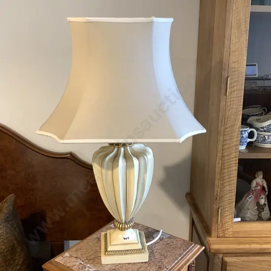 Stunning Urn Style Table Lamp. Cream painted with gilded decoration with fabric shade. H72cm Working