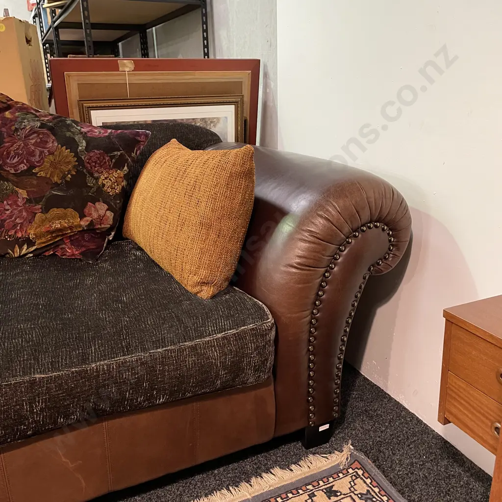 Montreux Leather and Fabric Wide 2 Seater. Tasman Settler Serge James Dunlop Ripple Walnut. Rolled Arms, Domed Front Image 1++