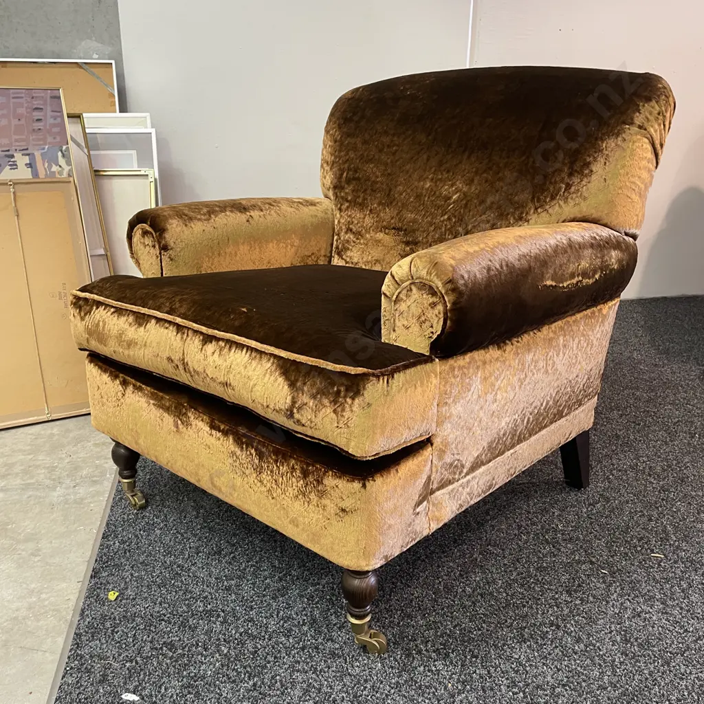 Designer Collection Extra Wide Lounge Chair, Brass Castors, Copper Lustre Fabric, Rolled Arms. Image 1++
