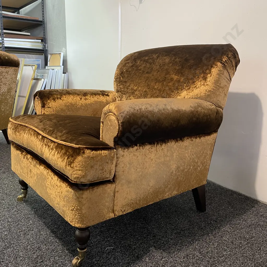 Designer Collection Extra Wide Lounge Chair, Brass Castors, Copper Lustre Fabric, Rolled Arms. Image 1++