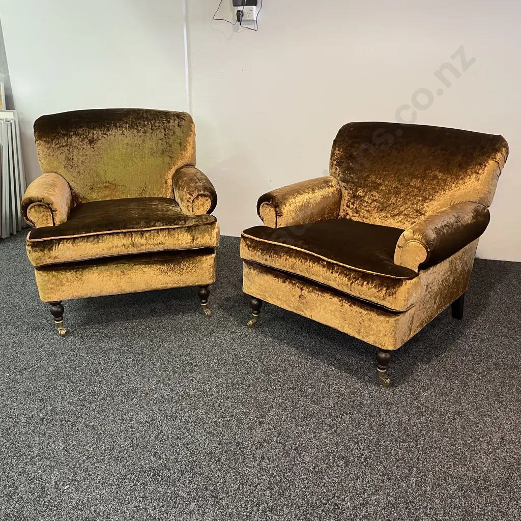 Designer Collection Extra Wide Lounge Chair, Brass Castors, Copper Lustre Fabric, Rolled Arms. Image 1++