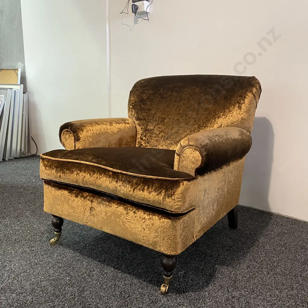 Designer Collection Extra Wide Lounge Chair, Brass Castors, Copper Lustre Fabric, Rolled Arms. Image 1++