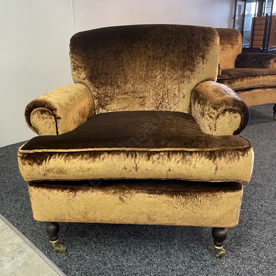 Designer Collection Extra Wide Lounge Chair, Brass Castors, Copper Lustre Fabric, Rolled Arms.