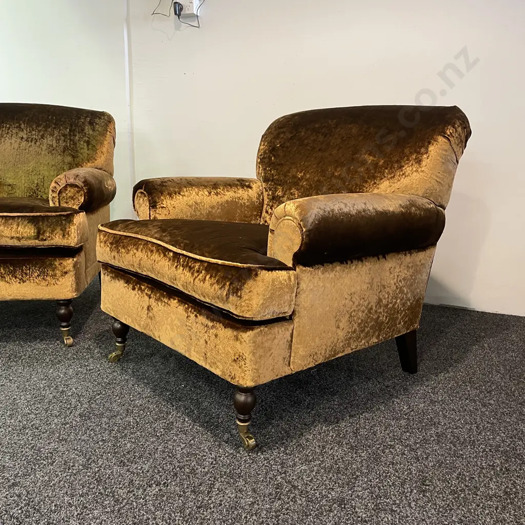 Designer Collection Extra Wide Lounge Chair, Brass Castors, Copper Lustre Fabric, Rolled Arms. Image 1++