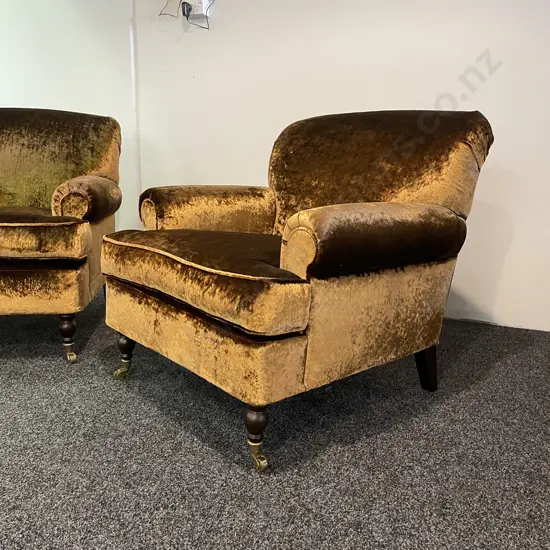 Designer Collection Extra Wide Lounge Chair, Brass Castors, Copper Lustre Fabric, Rolled Arms.