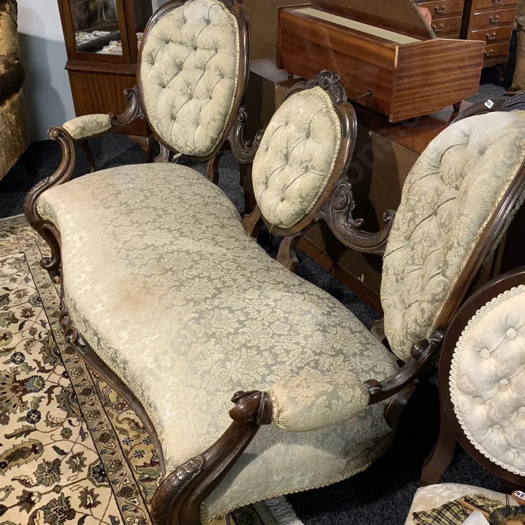 Victorian Parlour Settee, Solid Walnut? Ornately Carved Frame, Original Castors, Button Back. W180 H100 D85cm Image 1++