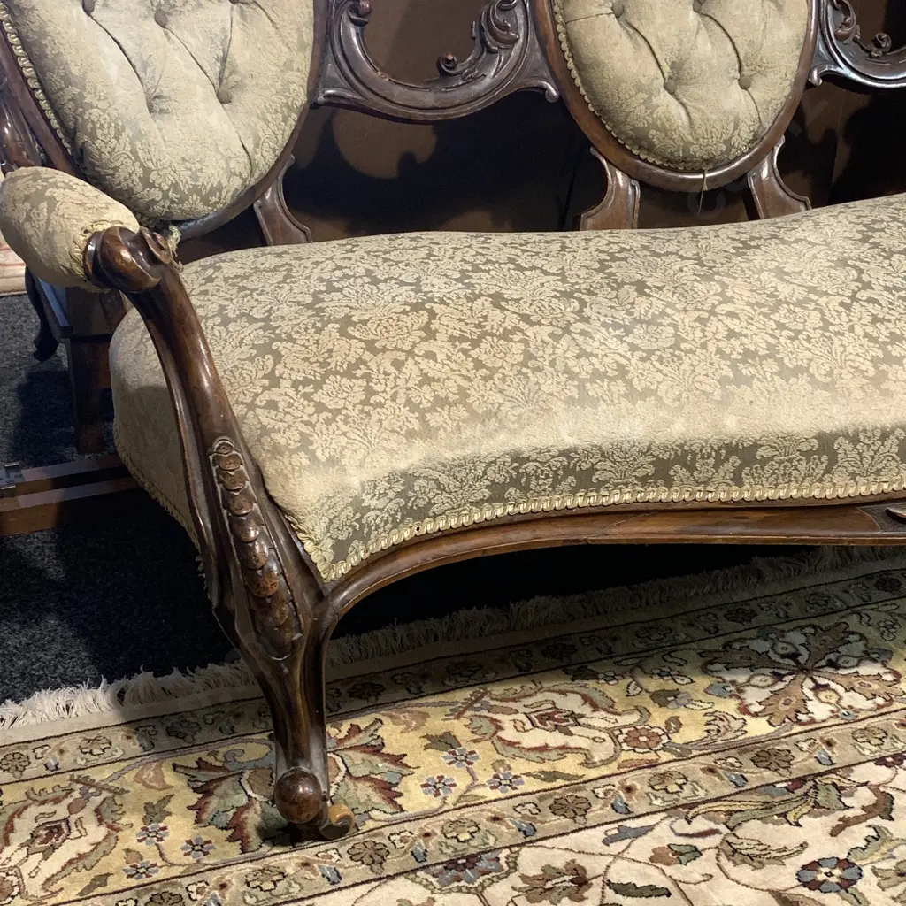 Victorian Parlour Settee, Solid Walnut? Ornately Carved Frame, Original Castors, Button Back. W180 H100 D85cm Image 1++