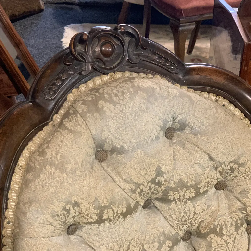 Victorian Parlour Settee, Solid Walnut? Ornately Carved Frame, Original Castors, Button Back. W180 H100 D85cm Image 1++