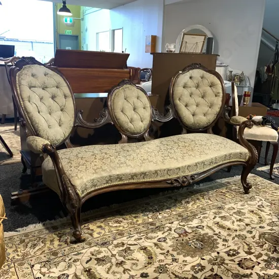Victorian Parlour Settee, Solid Walnut? Ornately Carved Frame, Original Castors, Button Back. W180 H100 D85cm