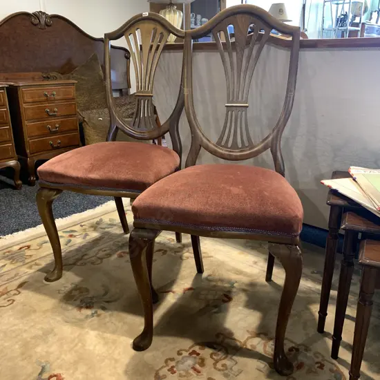 Pair Vintage Sheraton style chairs. Plush dark Pink fabric
