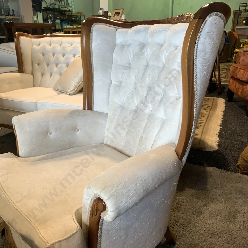 Stunning Vintage Wingback 3 Piece Lounge Suite. Carved Solid Wood frame with cream fabric. Button Back, lion feet Image 1++