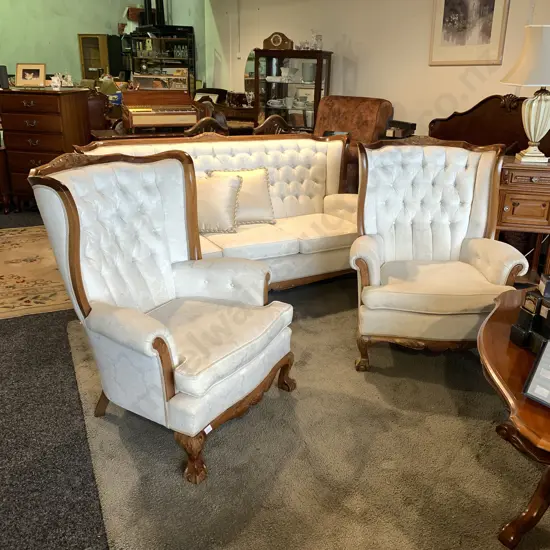 Stunning Vintage Wingback 3 Piece Lounge Suite. Carved Solid Wood frame with cream fabric. Button Back, lion feet