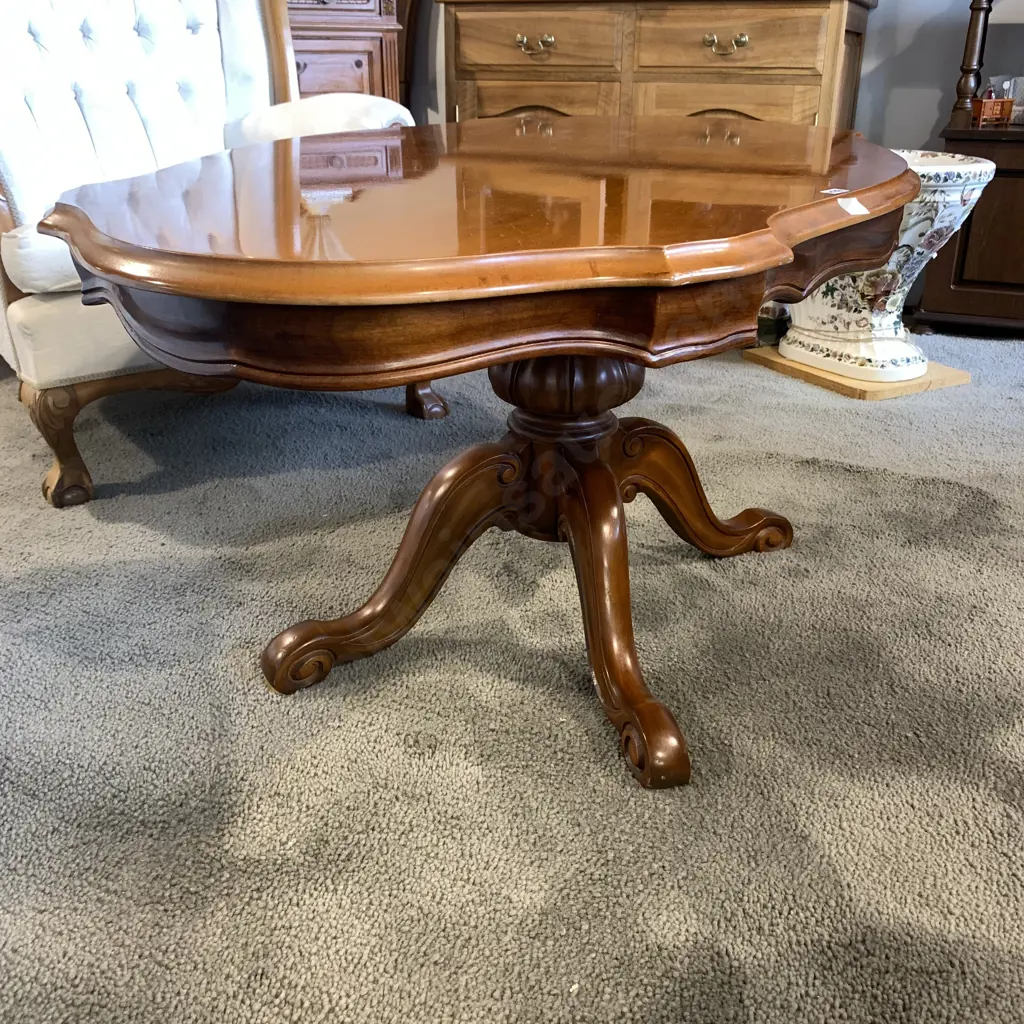 Vintage Solid Wood Coffee Table. Carved Central Pillar with four koru carved feet. 120 x 70 H52cm Image 1++