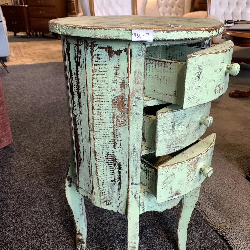 Shabby Chic French Country Look Green Painted 3 Drawer Wooden Bedside Table, H66cm Image 1++