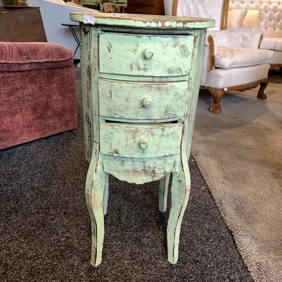Shabby Chic French Country Look Green Painted 3 Drawer Wooden Bedside Table, H66cm
