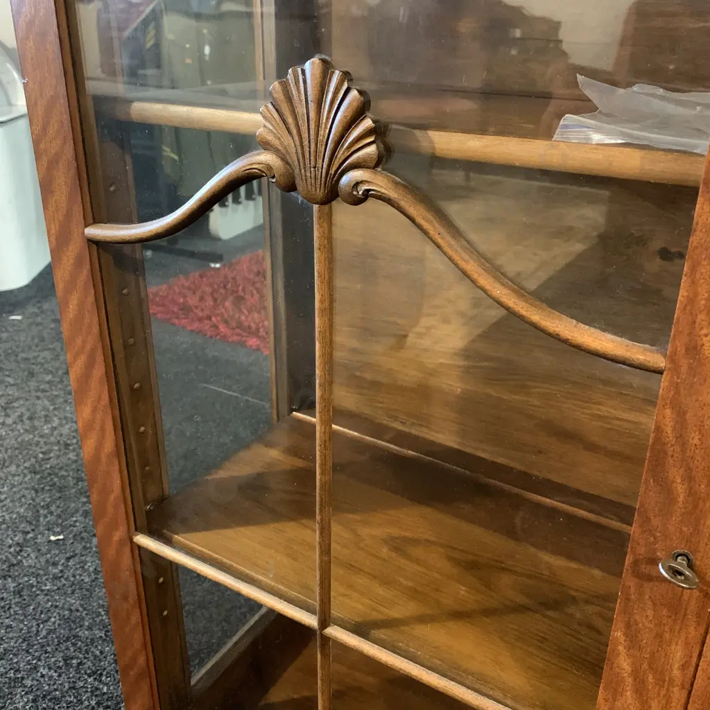 Antique Solid Wood Display Cabinet. Two glass doors with wood applied decoration. Queen Anne Legs. Image 1++