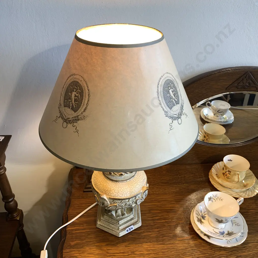 Moulded Classical Themed Table Lamp with cherub decorated fabric shade. H54 Working Image 1++