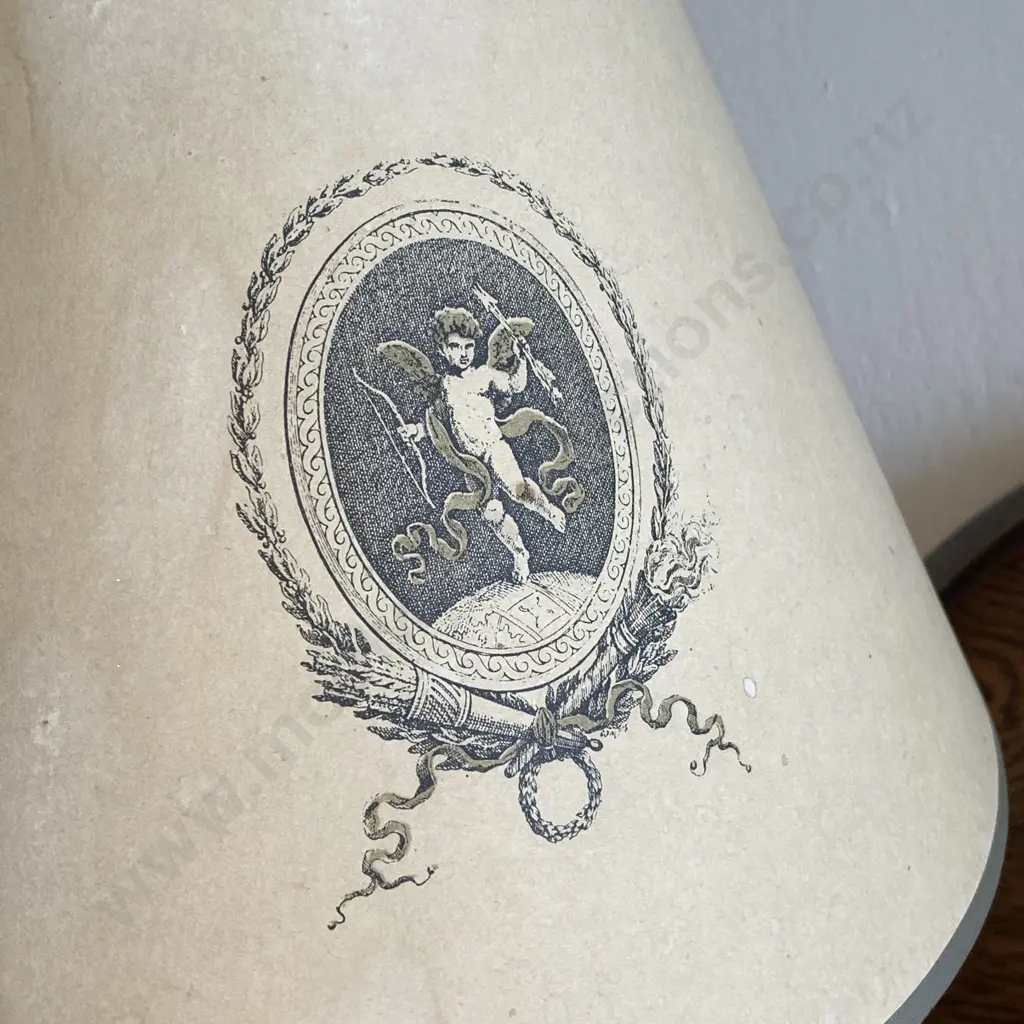 Moulded Classical Themed Table Lamp with cherub decorated fabric shade. H54 Working Image 1++