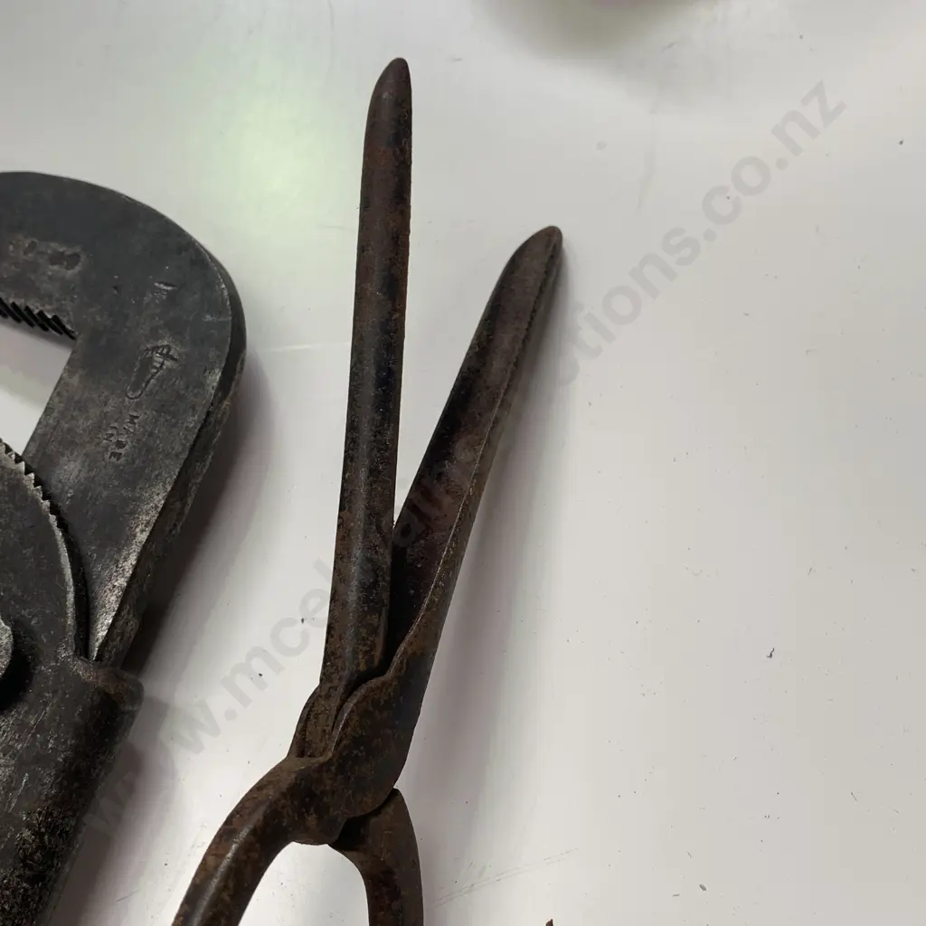 Vintage Metal Items  and Tools Including Curling Iron, Hole Punch, Calipers and Large Clamp Image 1++