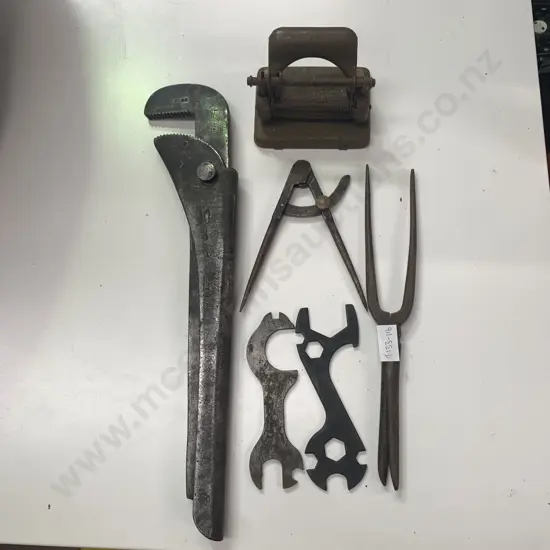 Vintage Metal Items  and Tools Including Curling Iron, Hole Punch, Calipers and Large Clamp