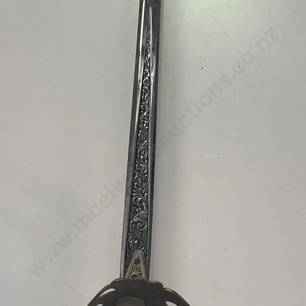 Vintage Decorative Ceremonial Sword, Marked Sendon Spain. Ornate Brass Handguard with Red Cross & Lion? Crest. L85cm. Image 1++