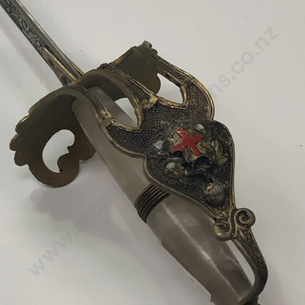 Vintage Decorative Ceremonial Sword, Marked Sendon Spain. Ornate Brass Handguard with Red Cross & Lion? Crest. L85cm. Image 1++