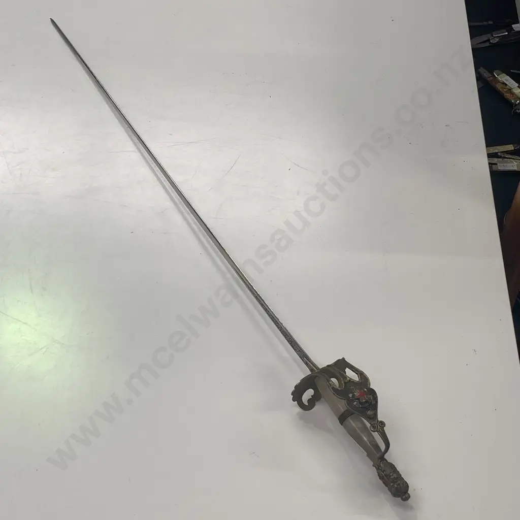 Vintage Decorative Ceremonial Sword, Marked Sendon Spain. Ornate Brass Handguard with Red Cross & Lion? Crest. L85cm. Image 1++