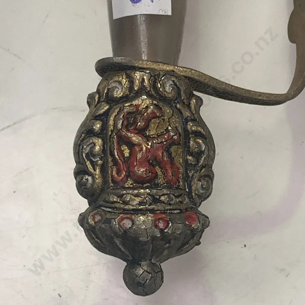 Vintage Decorative Ceremonial Sword, Marked Sendon Spain. Ornate Brass Handguard with Red Cross & Lion? Crest. L85cm. Image 1++