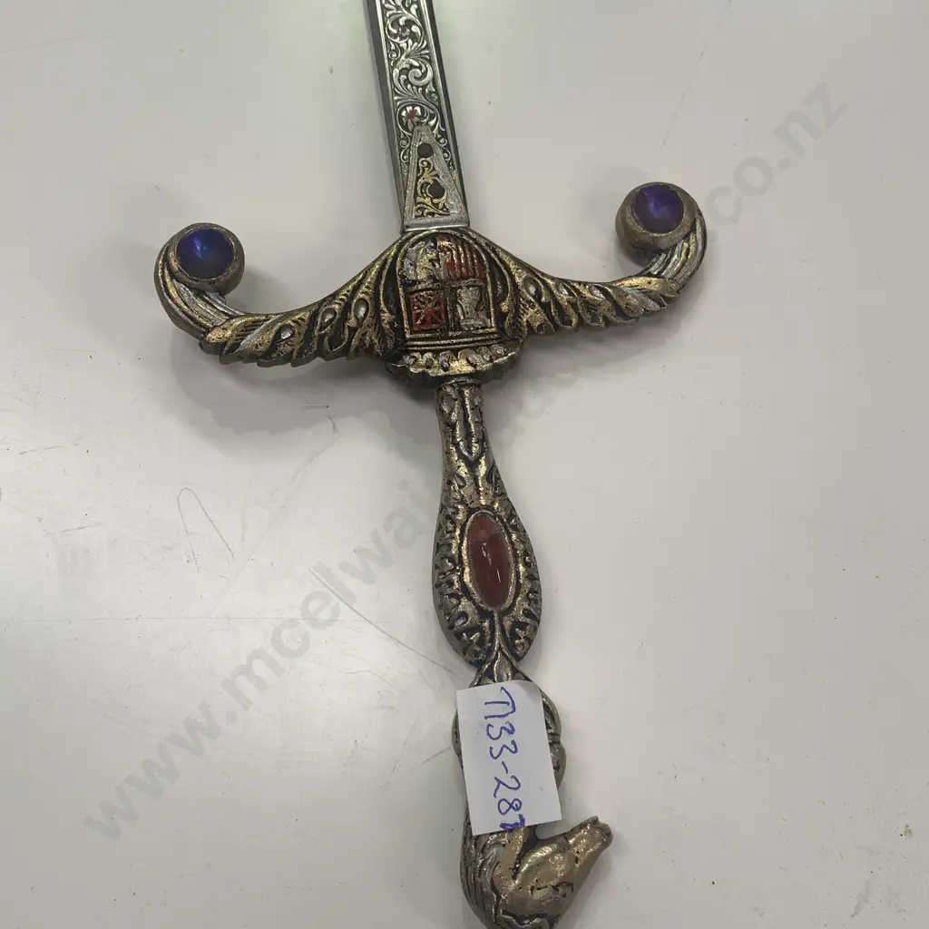 Vintage Decorative Ceremonial Sword, Marked Sendon Spain. Ornate Brass Handguard with Shield Crest and Horses Head. Image 1++