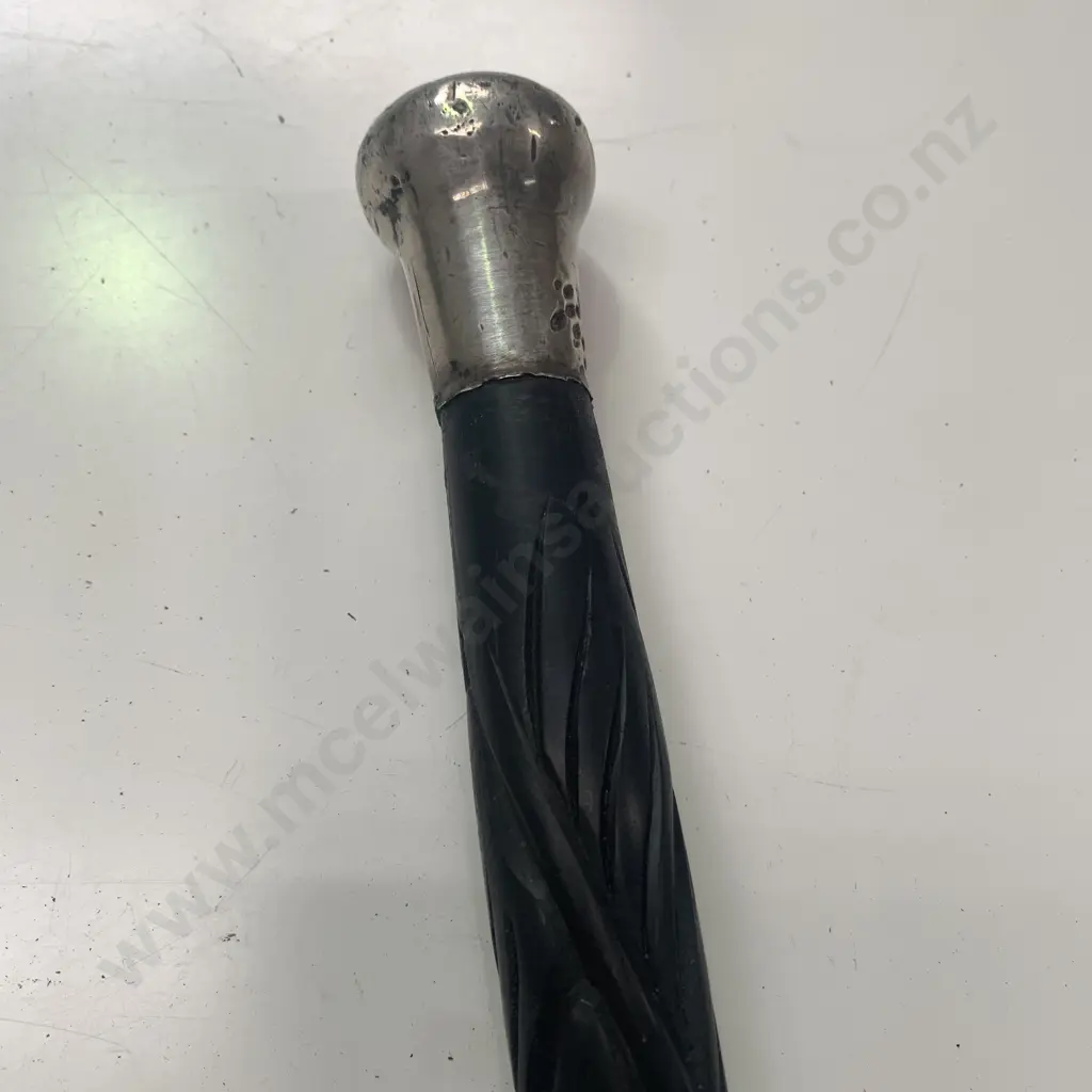 Antique Ebony Wood Carved Walking Stick with Sterling Silver top Image 1++