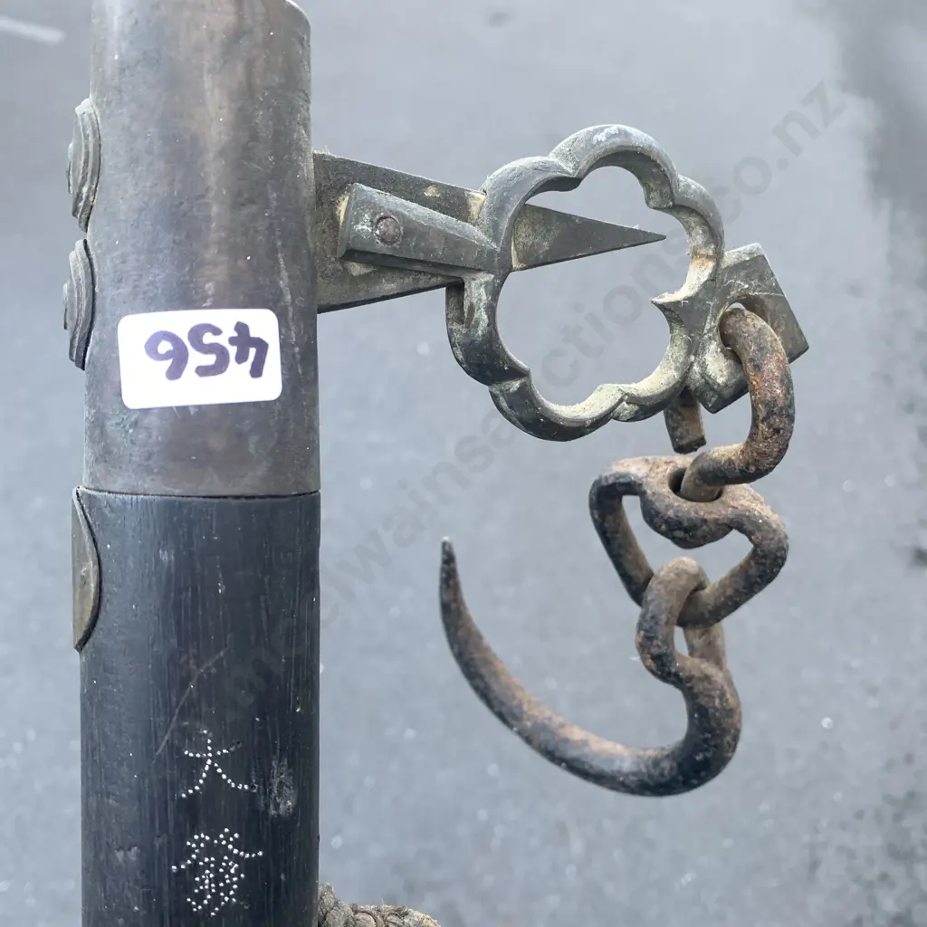 Antique Japanese Large Measuring Weight Scale. Cast Iron Hook, Ebony? Wood, Signed. L156cm Image 1++