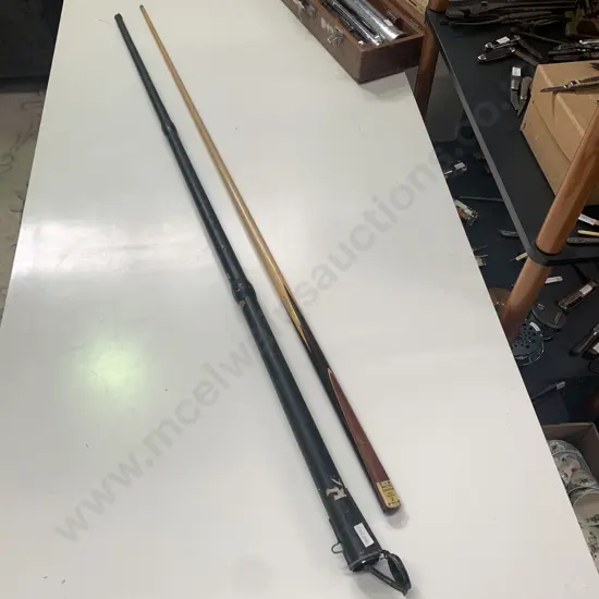 Vintage Walter Lindrum Billiard Cue with Barton McGill Metal Cue Holder