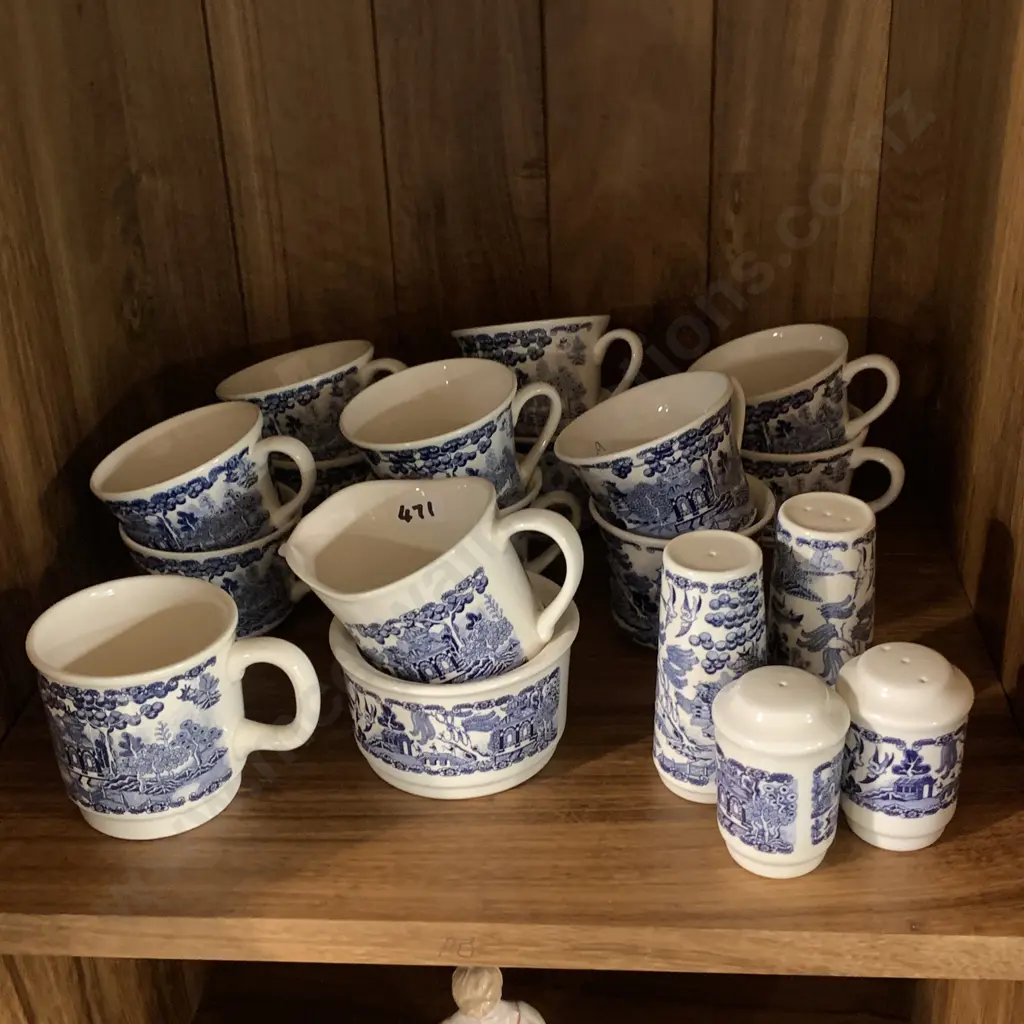 Vintage Blue Willow by Crown Lynn Cups x12, Mug x1, Sugar Bowl #1427, Creamer #6068, Salt & Pepper Shakers x 2 pairs. Image 1++