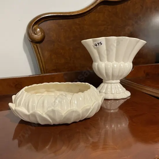 Two Vintage Creamware items. Shorter and Son pedestal fan vase (af) H15cm and Spode Lily Bowl 18 x 14
