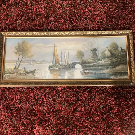 Vintage Artwork by K.H.Muller-Monchof, titled "Romantic Coast". Ornate Carved and Gilded Frame. 1200 x 500mm
